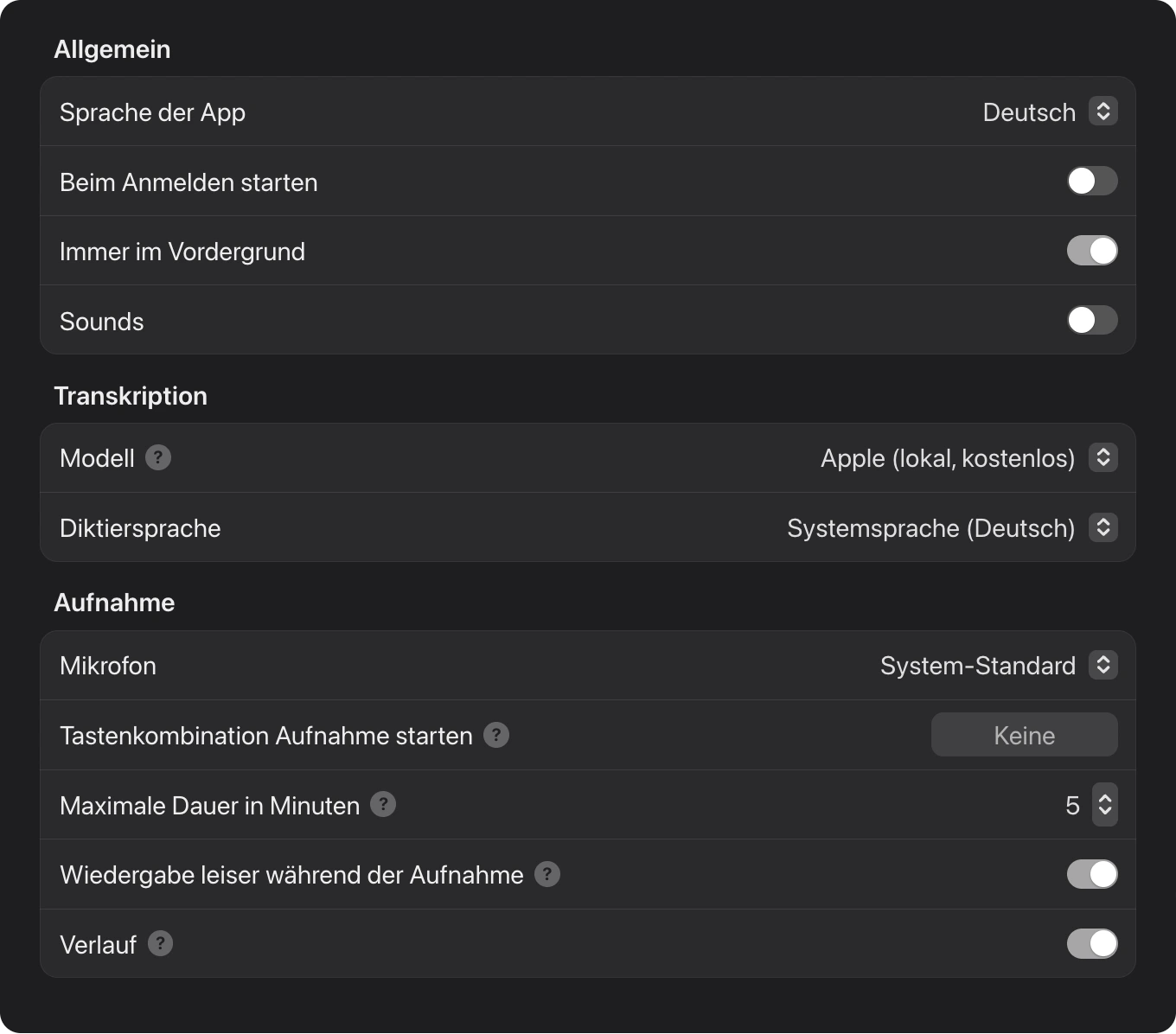 Soliloquium-Einstellungen: Sprache, Start beim Anmelden, Vordergrund, Sounds, lokales Apple-Modell, Mikrofon, Tastenkürzel und Aufnahmedauer.