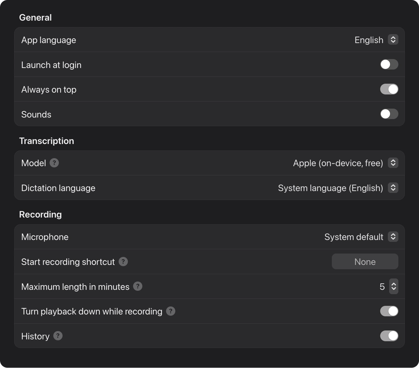 Soliloquium settings: language, launch at login, always on top, sounds, Apple on-device model, microphone, keyboard shortcut and recording duration.